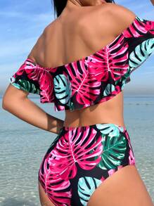 熱帶圖案荷葉邊一字領比基尼泳裝