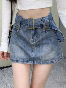 夏季摇滚风弧形下摆牛仔半身裙（含可拆卸腰带） - 中等水洗藍 - 查看 3
