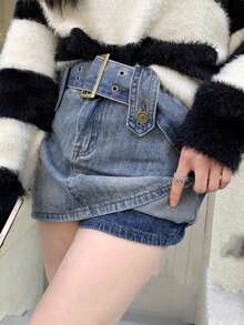 夏季摇滚风弧形下摆牛仔半身裙（含可拆卸腰带） - 中等水洗藍 - 查看 4