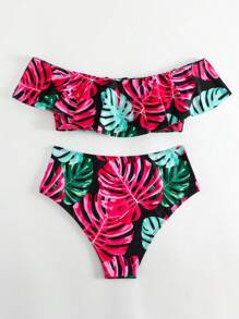 熱帶圖案荷葉邊一字領比基尼泳裝
