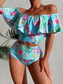 Tropisches Muster Rüschen Trim Bardot Bikini Set für den Sommerstrand