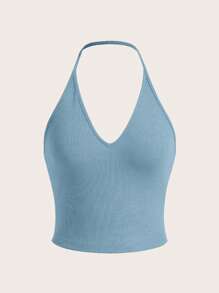 SHEIN EZwear Solid Backless Halter Top - Dusty Blue - View 1