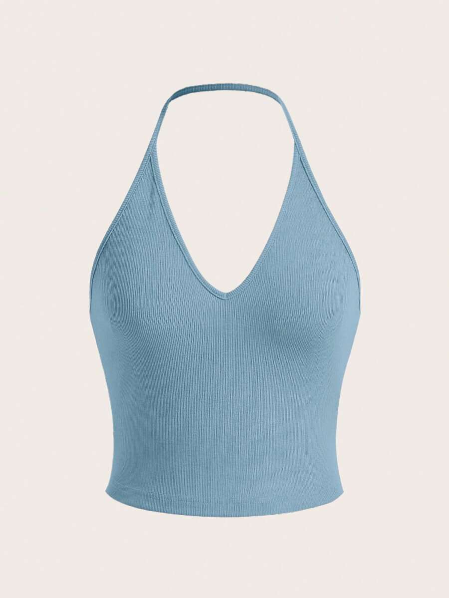 SHEIN EZwear Solid Backless Halter Top - Dusty Blue - View 1