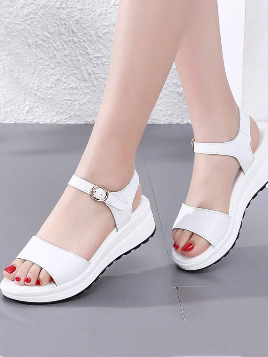 女款平臺厚底高跟涼鞋,金屬扣環點綴,簡約優雅、柔軟輕巧,適合夏季 - 白色 - 查看 1