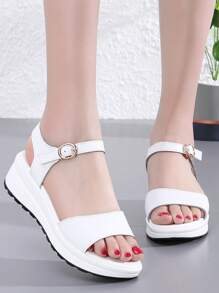 女款平臺厚底高跟涼鞋,金屬扣環點綴,簡約優雅、柔軟輕巧,適合夏季 - 白色 - 查看 2