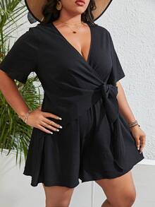 SHEIN LUNE 大碼圍裹側打結連身短褲 - 黑色 - 查看 5