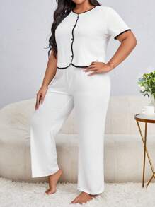 Bộ Giản Dị Kích Thước Lớn Tương phản ràng buộc Nút phía trước màu trơn - trắng - Xem 5