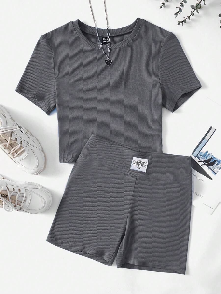SHEIN EZwear Solid Ribbed Knit Tee & Letter Patched Cycling Shorts - Dark Grey - View 1