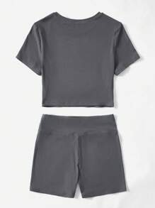 SHEIN EZwear Solid Ribbed Knit Tee & Letter Patched Cycling Shorts - Dark Grey - View 2