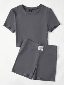 SHEIN EZwear Solid Ribbed Knit Tee & Letter Patched Cycling Shorts - Dark Grey - View 3