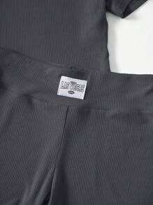 SHEIN EZwear Solid Ribbed Knit Tee & Letter Patched Cycling Shorts - Dark Grey - View 4