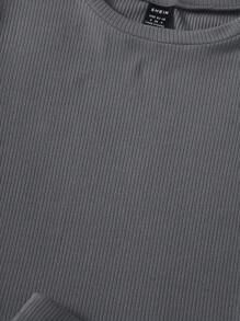 SHEIN EZwear Solid Ribbed Knit Tee & Letter Patched Cycling Shorts - Dark Grey - View 5