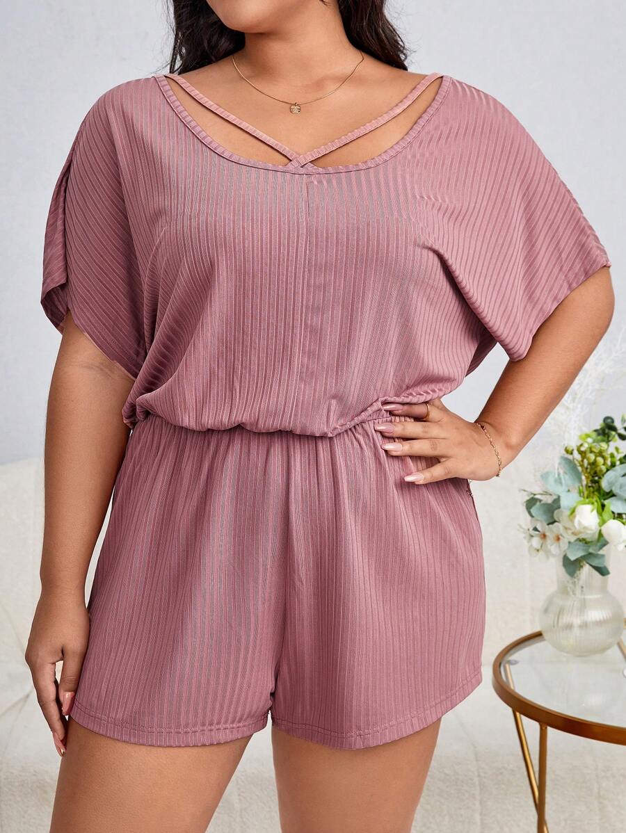 Plus Cut Out Batwing Sleeve Ribbed Knit Romper - Dusty Pink - View 1