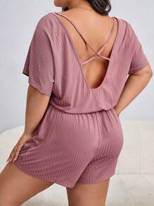 Plus Cut Out Batwing Sleeve Ribbed Knit Romper - Dusty Pink - View 2