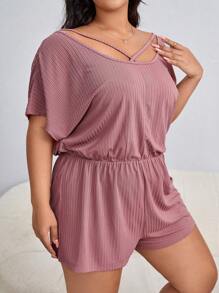 Plus Cut Out Batwing Sleeve Ribbed Knit Romper - Dusty Pink - View 3