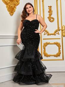 Plus Mesh Layered Mermaid Hem Sequin Formal Dress - Black - View 1