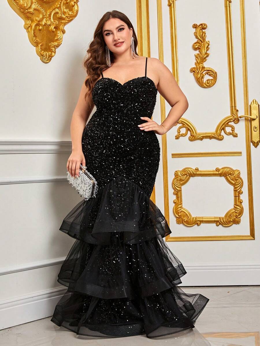Plus Mesh Layered Mermaid Hem Sequin Formal Dress - Black - View 1