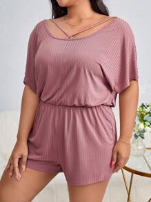 Plus Cut Out Batwing Sleeve Ribbed Knit Romper - Dusty Pink - View 4