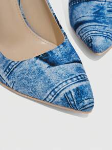 女士極簡尖頭細跟宮廷時尚戶外牛仔高跟鞋 - 藍色 - 查看 3