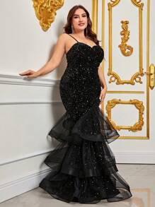 Plus Mesh Layered Mermaid Hem Sequin Formal Dress - Black - View 5