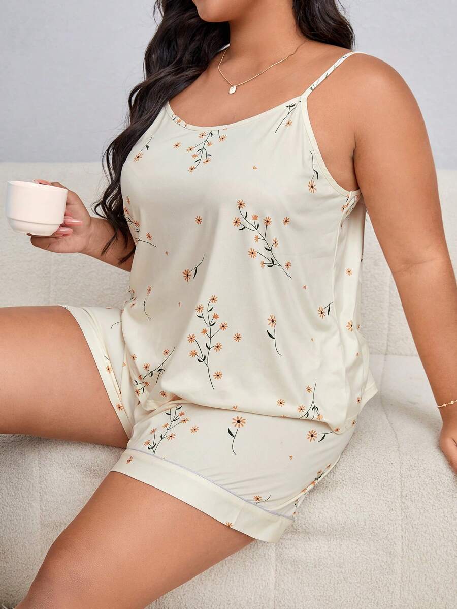 Plus Floral Print Cami Top & Shorts PJ Set / Pajama Set - Beige - View 1