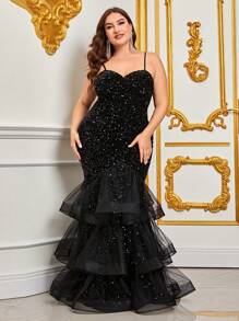 Plus Mesh Layered Mermaid Hem Sequin Formal Dress - Black - View 6