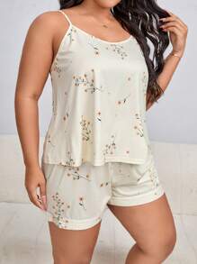 Plus Floral Print Cami Top & Shorts PJ Set / Pajama Set - Beige - View 3