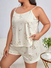 Plus Floral Print Cami Top & Shorts PJ Set / Pajama Set - Beige - View 5