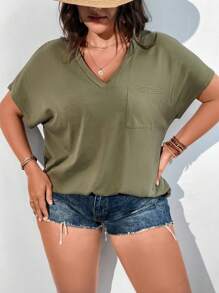 Vionelle Plus Solid V Neck Batwing Sleeve Tee - Army Green - View 3