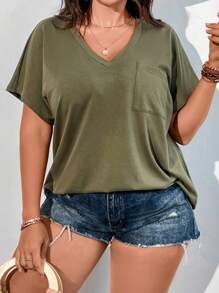 Vionelle Plus Solid V Neck Batwing Sleeve Tee - Army Green - View 5