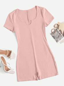 SHEIN EZwear Notched Neck Ribbed Knit Unitard Romper - Baby Pink - View 1