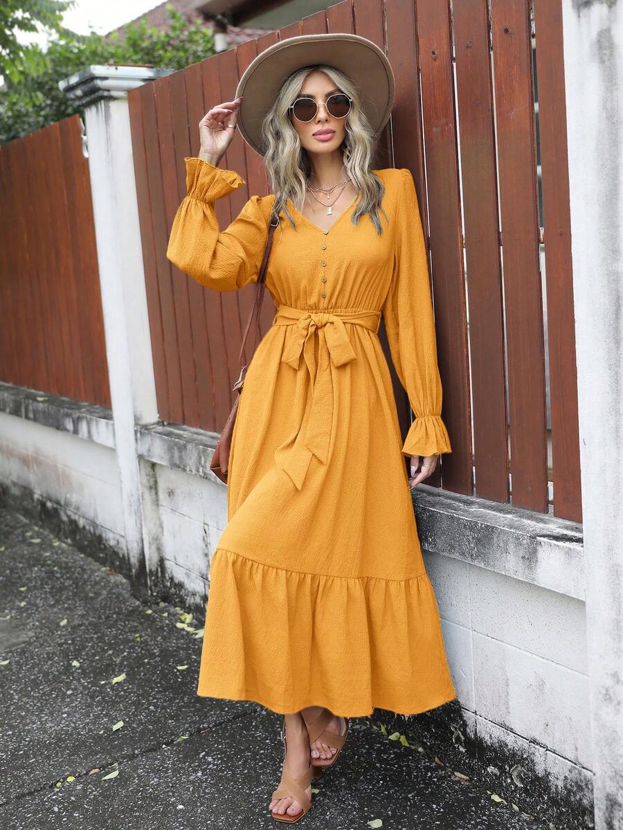 SHEIN Clasi Flounce Sleeve Ruffle Hem Belted Dress - Mustard Yellow - View 1