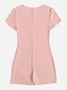 SHEIN EZwear Notched Neck Ribbed Knit Unitard Romper - Baby Pink - View 2