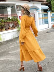 SHEIN Clasi Flounce Sleeve Ruffle Hem Belted Dress - Mustard Yellow - View 2