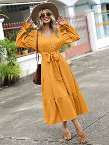 SHEIN Clasi Flounce Sleeve Ruffle Hem Belted Dress - Mustard Yellow - View 4