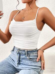 Siren Gaze Solid Ruched Cami Top White Summer Casual - White - View 2