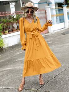 SHEIN Clasi Flounce Sleeve Ruffle Hem Belted Dress - Mustard Yellow - View 5