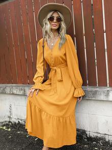 SHEIN Clasi Flounce Sleeve Ruffle Hem Belted Dress - Mustard Yellow - View 6