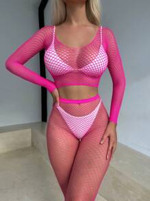 Fishnet Crotchless Lingerie Set - Hot Pink - View 4