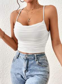 Siren Gaze Solid Ruched Cami Top White Summer Casual - White - View 4