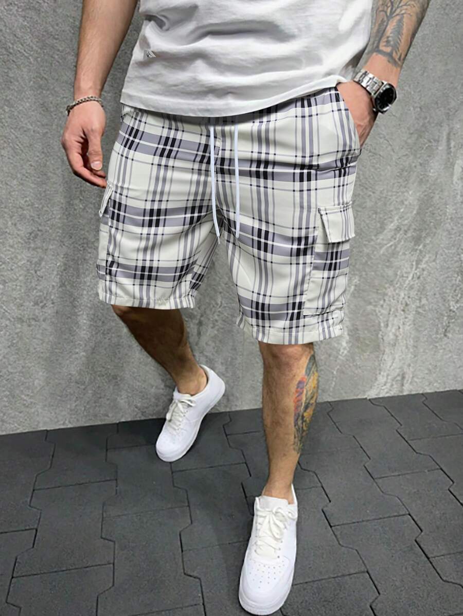 Manfinity Homme 男士寬鬆格紋短褲，帶束腰，膝部方格圖案，適合追求復古風格的丈夫登山等戶外活動 - 白色 - 查看 1