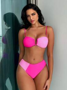 撞色後打結比基尼泳裝 - 玫紅色 - 查看 1