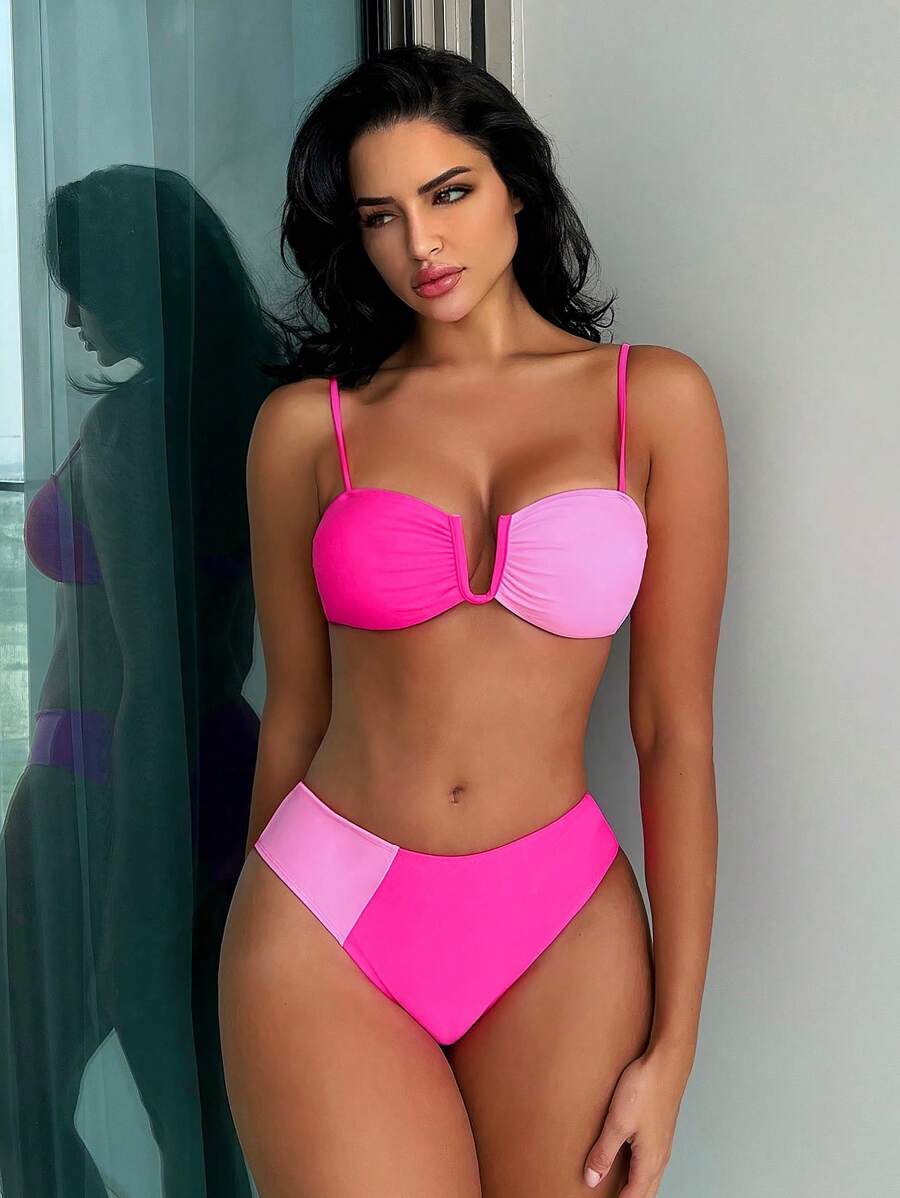 撞色後打結比基尼泳裝 - 玫紅色 - 查看 1