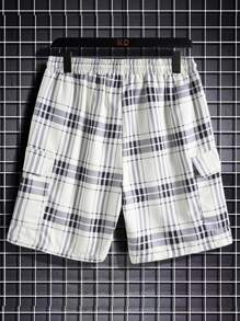 Manfinity Homme 男士寬鬆格紋短褲，帶束腰，膝部方格圖案，適合追求復古風格的丈夫登山等戶外活動 - 白色 - 查看 2