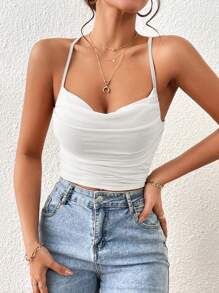 Siren Gaze Solid Ruched Cami Top White Summer Casual - White - View 6