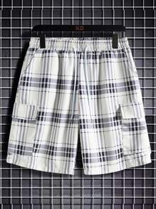 Manfinity Homme 男士寬鬆格紋短褲，帶束腰，膝部方格圖案，適合追求復古風格的丈夫登山等戶外活動 - 白色 - 查看 4