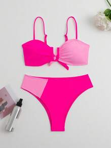 撞色後打結比基尼泳裝 - 玫紅色 - 查看 3