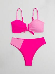 撞色後打結比基尼泳裝 - 玫紅色 - 查看 5