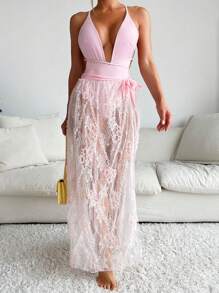 Criss Cross One Piece Swimsuit With Beach Skirt