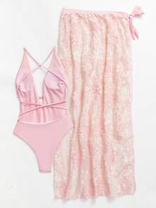 Criss Cross One Piece Swimsuit With Beach Skirt